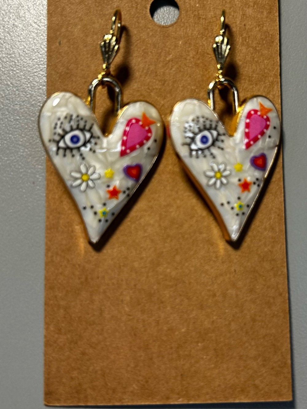 Hand-Painted Enamel White Heart Drop Earrings - Gold Plated Posts